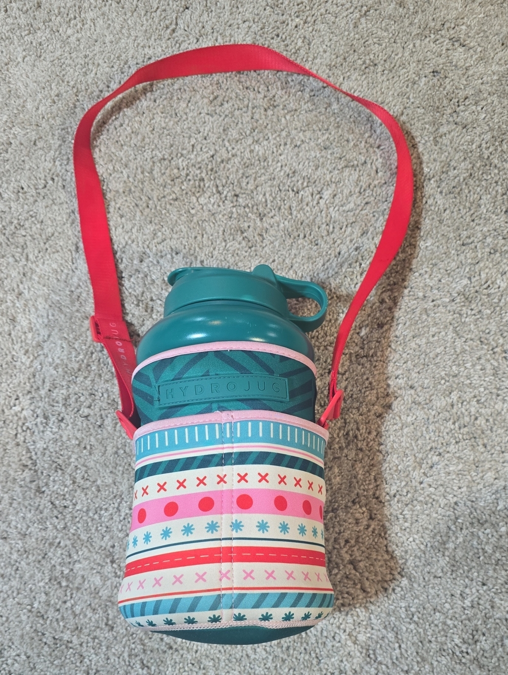 HydroJug Teal Water Bottle with Pink Strap and Patterned Sleeve